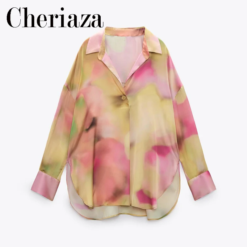 

Spring 2022Women Tie-dyed Shirt Leisure Chic Office Lady Blusas Long Sleeves Asymmetric Hem Satin Printing Buttons Blouse Mujer