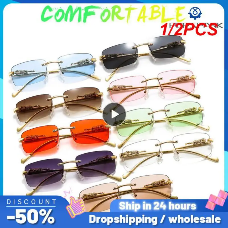 

1/2PCS Fashion Colorful Rimless Rectangle Sunglasses Women Men Retro Cheetah Clear Ocean Lens Sun Glasses Shades UV400 Outdoor