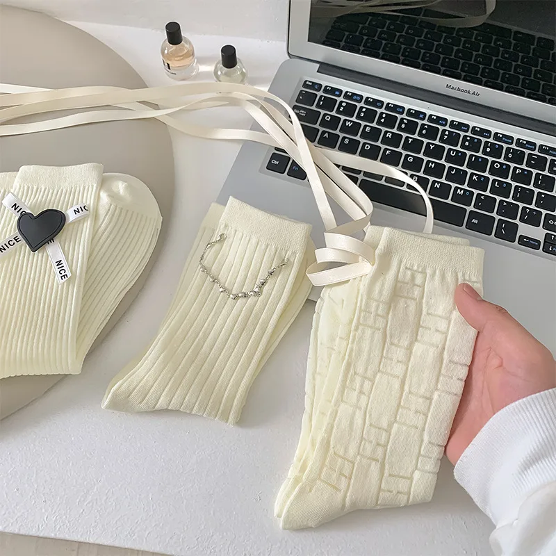 Lolita White Cotton Socks Women JK Chain Bandage Socks Female Sweet Long Socks Ankle Calcetines mujer Medias
