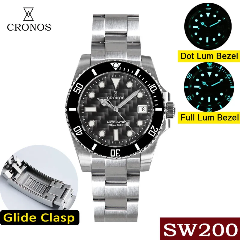 

Cronos Sub Diver Watch SW200 Carbon Fiber Dial Flat Glass Date Window Brushed Bracelet Ceramic Bezel 20bar Water Resistant