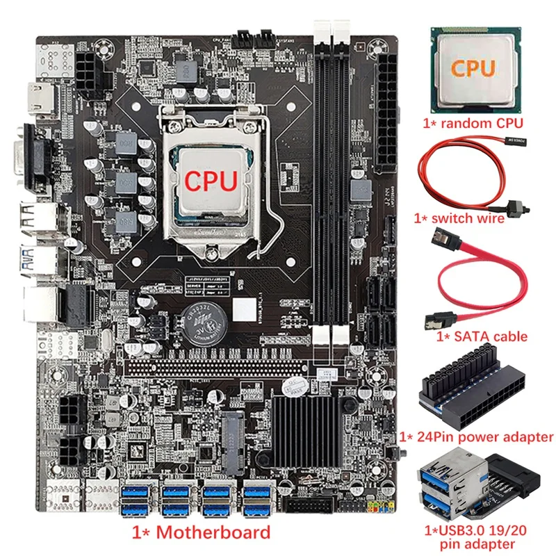 B75 BTC Mining Motherboard+CPU+24Pin Power Adapter+USB3.0 20 Pin Adapter+SATA/Switch Cable 8 USB3.0 LGA1155 DDR3 SATA3.0