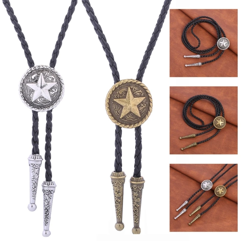 

652F American Bolo Tie Vintage Western Punk Cowboy Pendant Faux Leather Necktie