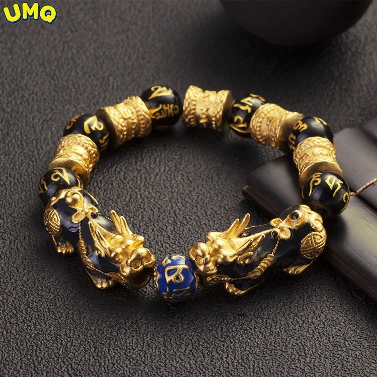 

Браслет мужской из плотного 24-каратного золота с имитацией мантры, обсидиановое ювелирное изделие с ведром, изменение цвета, 6 символов