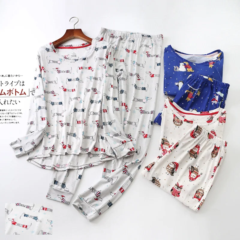 Cotton Pajamas Set Full-Sleeve T-shirt Long Pants 2Piece/Set Autumn Casual Pyjama Big Size Mom Homewear Cozy Plus Sleepwear