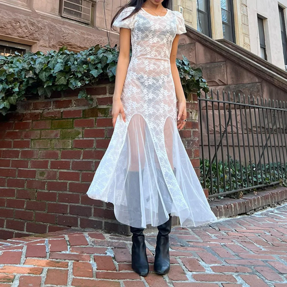 

Белое Сетчатое платье Y2K, сексуальное кружевное Прозрачное платье миди, летнее женское модное облегающее Клубное платье с пышными рукавами, новинка 2023