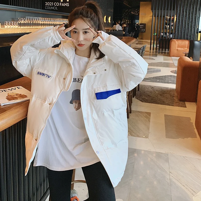 2021 Winter Female Loose Casual Jackets Korean Thickening Overcoat Women White Duck Down Hooded Jacket Long-sleeve Warm Parkas