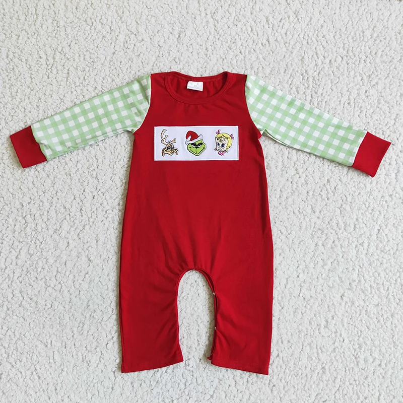 

Christmas Newborn Baby Boy Embroidery Clothing Plaid Long Sleeves Red Cotton Snap Botton Jumpsuit Kids Romper Toddler Clothes