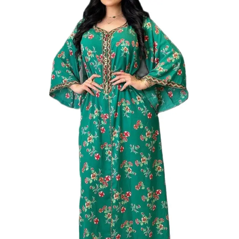 

Floral Abaya Arabic Long Dress Women Printed Eid Ramadan Muslim African Dresses Gulf Jalabiya Islam Dubai Modest Abayas Green