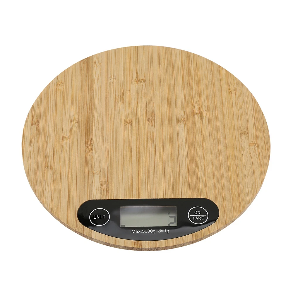 

Round Bamboo LED Display Electric Kitchen Weighing Scale Cooking Food 5kg/ 1g