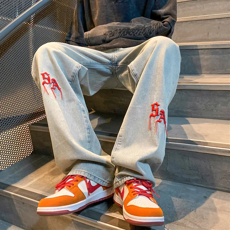 Four Seasons Men's Jeans Light Blue Embroidered Straight Fashion Casual Loose Trousers High Street Hip Hop Men's Denim Trousers