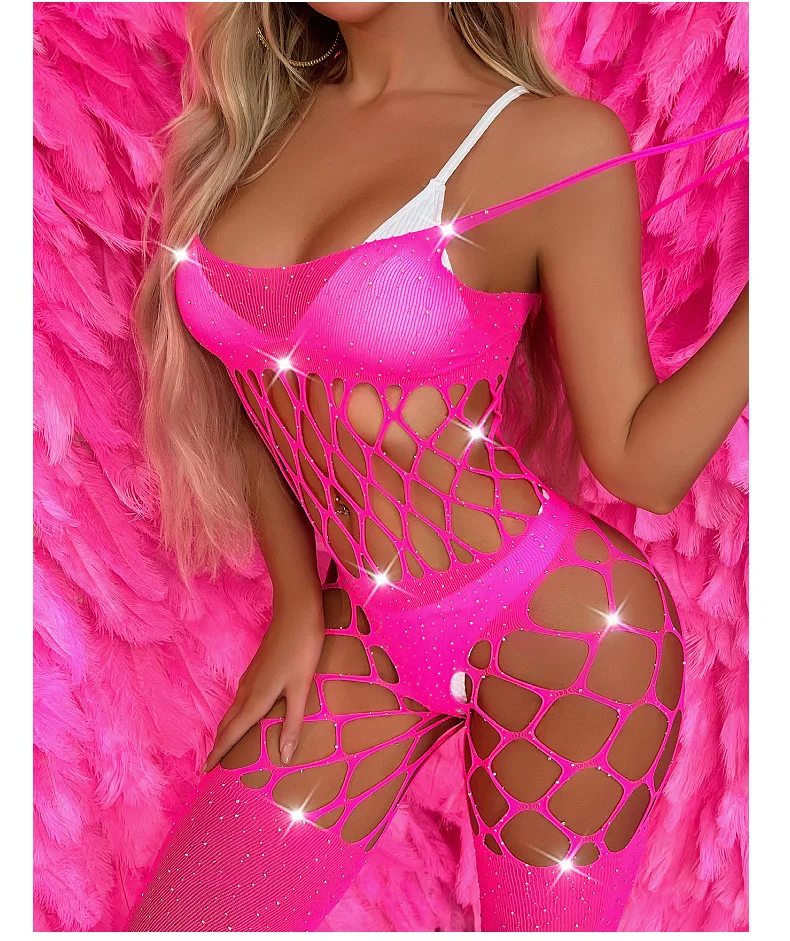 

Sexy Fishnet Girl In Full Body Stocking Rhinestone Crystal Diamonds Bodystocking Lingerie