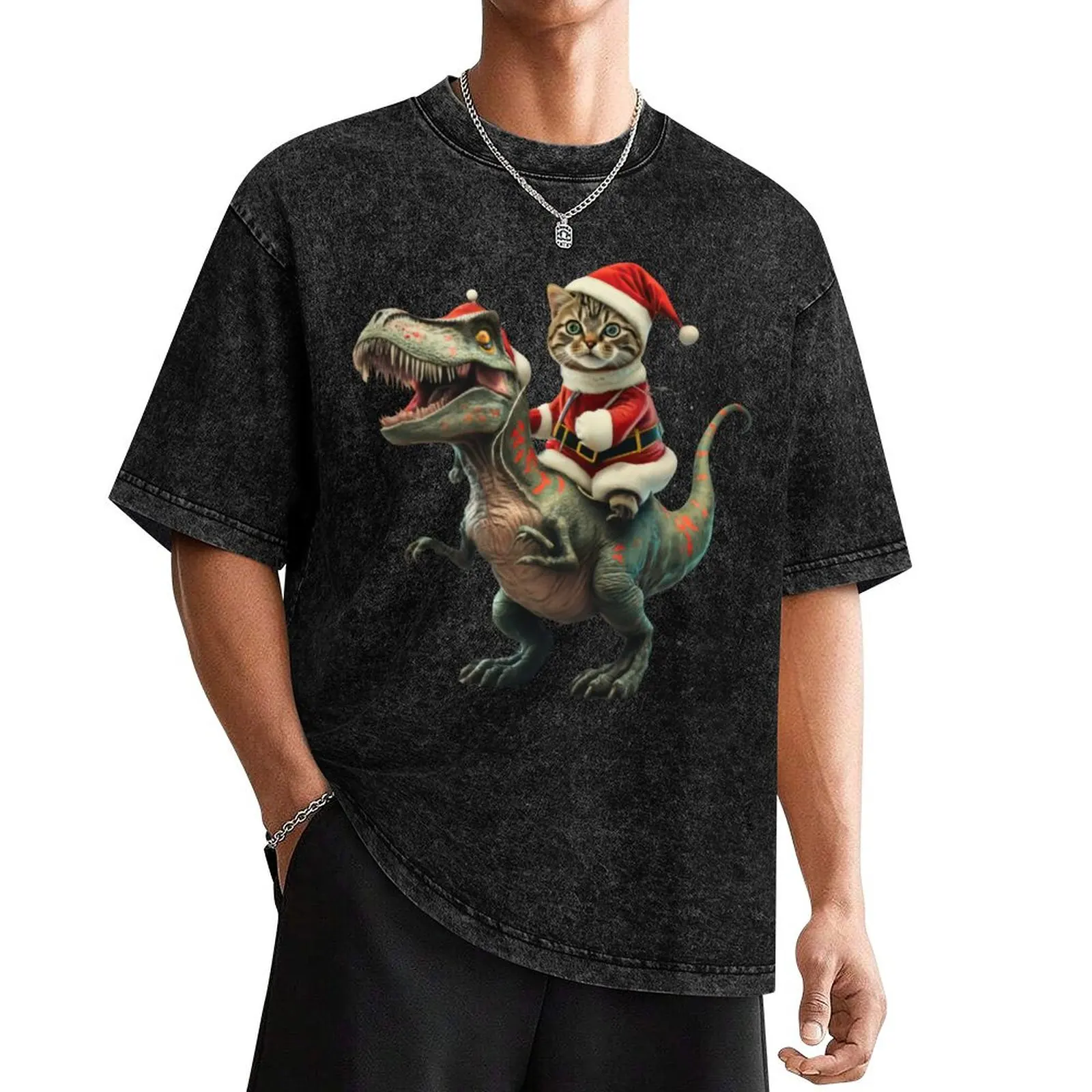 Cat Riding A Dinosaur T Rex Рождественские подарки MERRY CATMAS Meowy Christmas CaTmas Here Come SANTA CLAWS in Hat