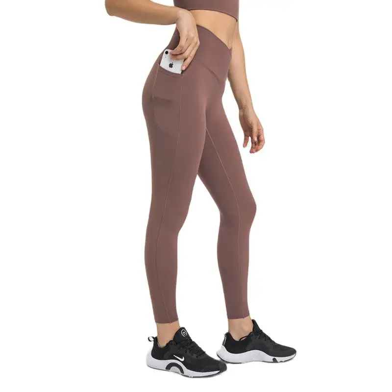 MYS Yoga Pants with 2 Side Pocket High Waist Cross Sports Leggings GYM Elastic Naked Feel NO Front Seam Workout Fitness Tights