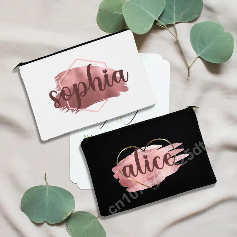 

Personalized Your Name Cosmetic Bags DIY Wedding Party Canvas Makeup Case Zipper Toiletry Pouch Children Pen Bag Teacher Gift