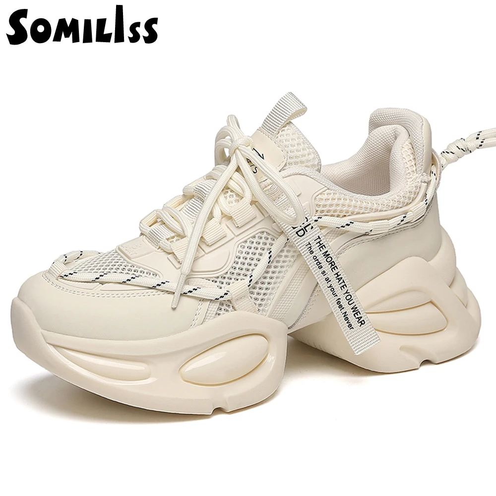 SOMILISS Women Platform Sneakers Genuine Leather Mesh Lace Up Round Toe Fashion Ladies Chunky Casual Sneaker Shoes Handmade