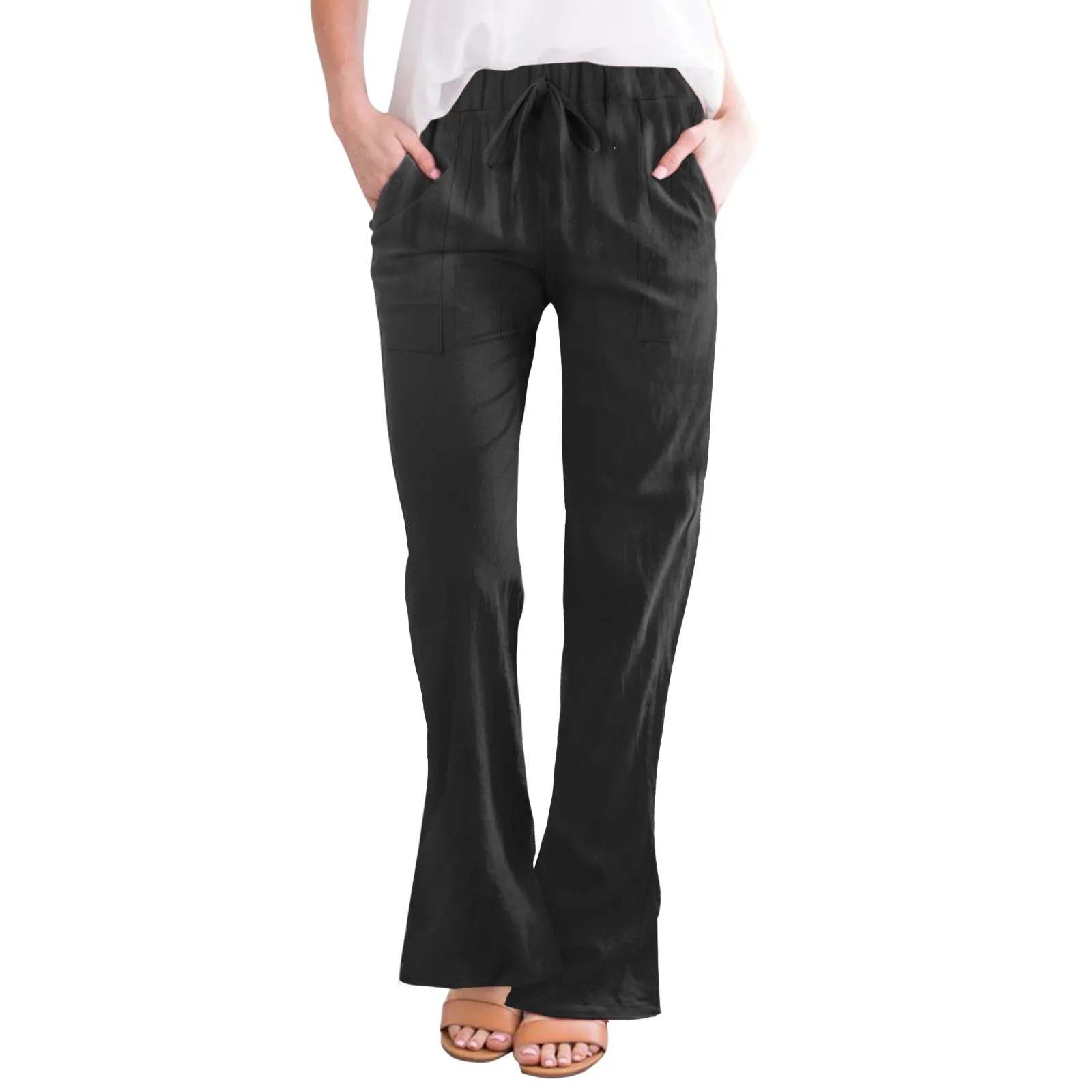 

Women High Waisted Wide Leg Pants Fashion Drawstring Elastic Cotton Trousers Comfy Straight Long Pants With Pockets Harem Pant