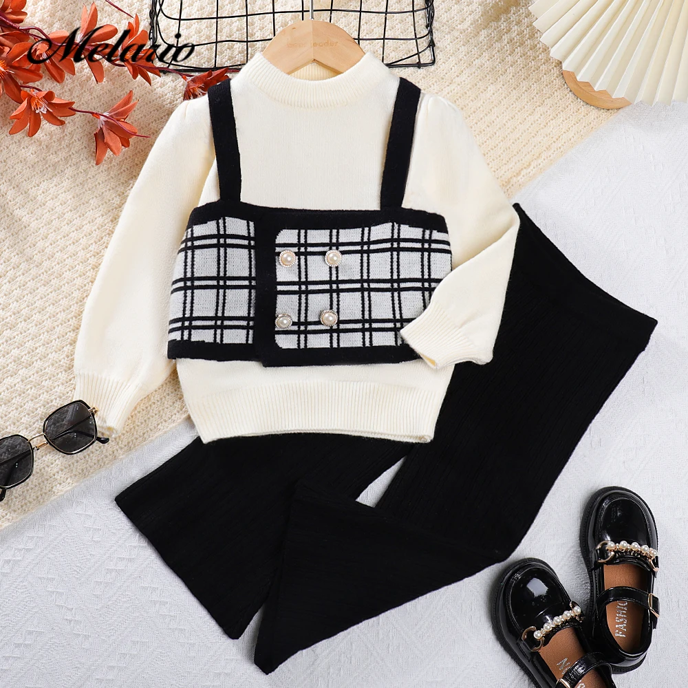 

Melario/комплекты со свитером для девочек Зимний вязаный комплект с длинными рукавами, Вязаный топ с круглым вырезом для девочек + сарафан в клетку на бретелях + комплект из двух предметов, вязаные штаны