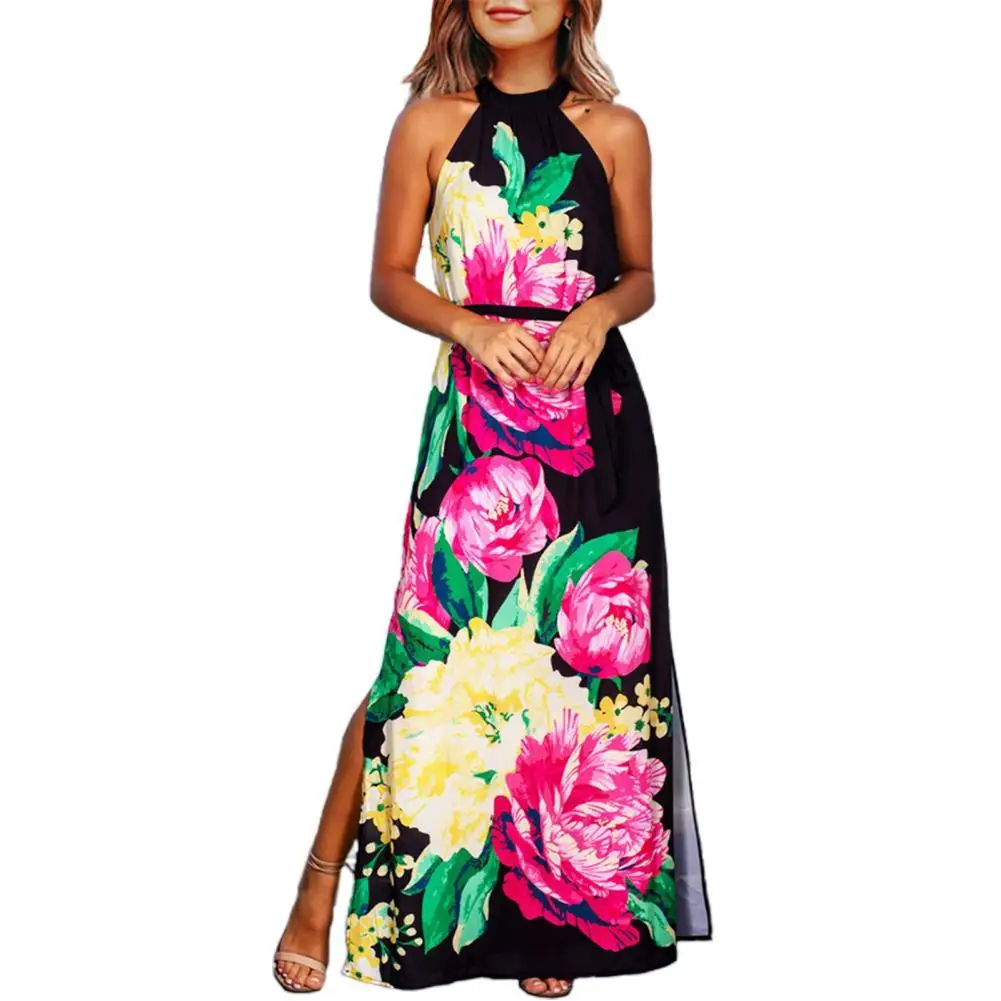 

Boho Long Dresses Casual Dress Sleeveless Tie Belt Halter Flower Print Long Dress Elegant Flower Print Backless High Slit Dress