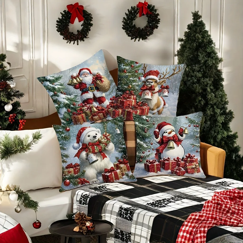 Christmas Throw Pillow Cover with Santa Claus Snowman and Polar Bear Zipper Machine Washable Home Decor