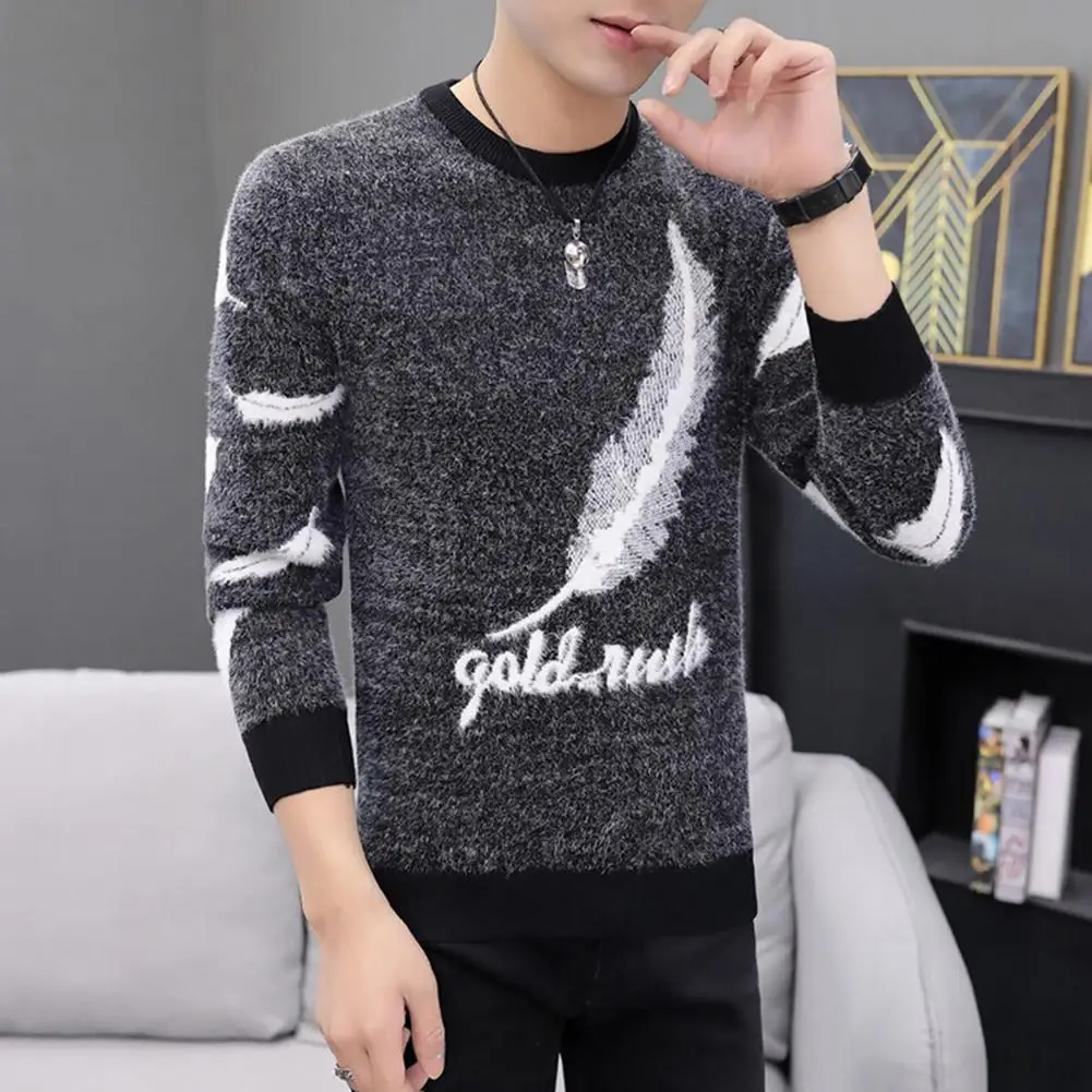 

Men Letter Pattern Sweater Korean Style Men's Wool Knit Sweaters with Feather Print Ribbed Cuffs Slim Fit for Fashionable