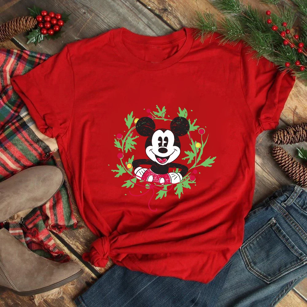 

Disney Mickey Mouse Aesthetic Christmas Clothes European Fashion Xmas Harajuku Women's T-shirts Red Tops Cute T Shirt For Girls