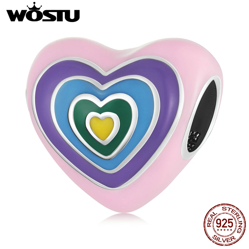 

WOSTU 925 Sterling Silver Rainbow Love Heart Charm Bead Pendant Fit Original Bracelet Necklace For Women Jewelry CQC2171