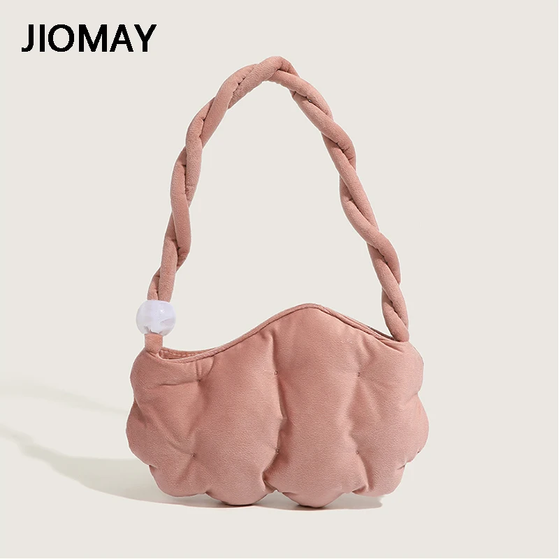 

JIOMAY Flannelette Shoulder Bags 2023 Women Fashion Designer Handbag Solid Color Pleated Twist Handle Beading Cookie Shaped Bags