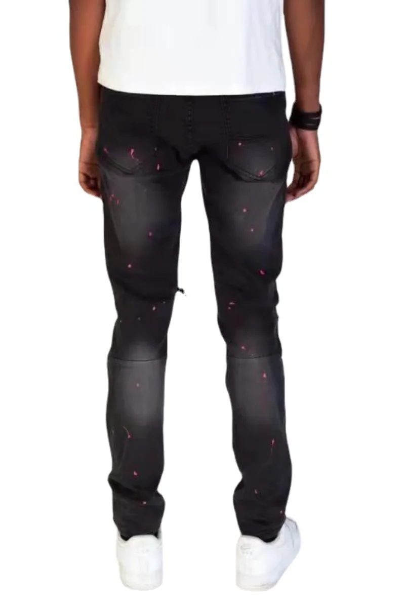 Mens Jeans Fashion Skinny Ripped Footline Zip Pants Patch Ripped Denim Pant for Men