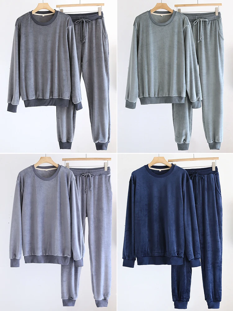 Мужская бархатная одежда для сна с длинными рукавами и круглым вырезом комплект