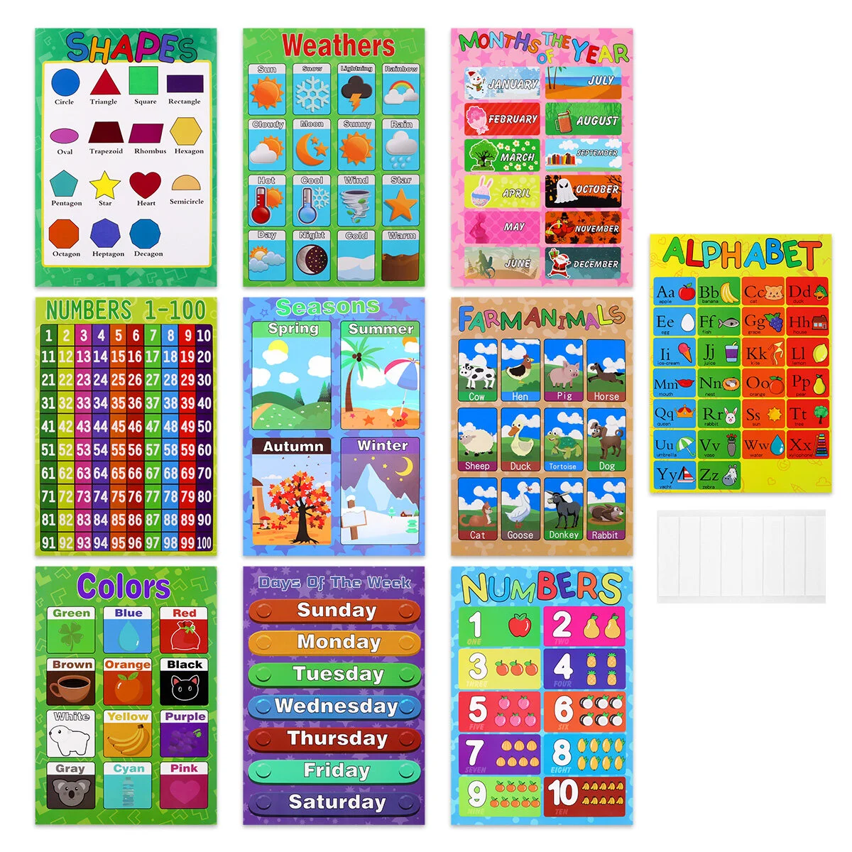 

10 Pack Educational Preschool Poster with 32 Pieces Glue Point Dot, Large Wall Posters for Homeschool Kindergarten Classroom