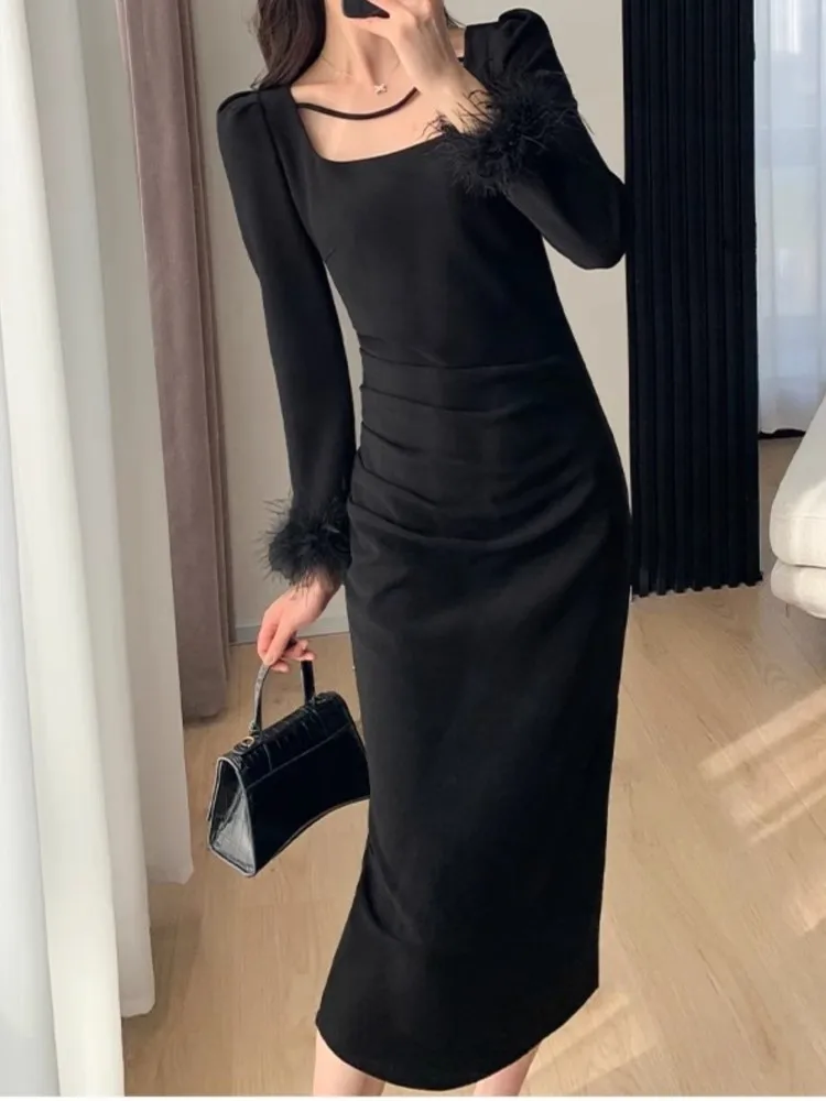 

Women Fashion Elegant Bodycon Slim Black Dress Long Feather Sleeve Vintage Solid Evening Party Club Vestidos Female Robe New