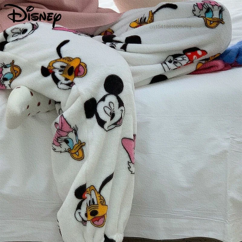 Disney Mickey Mouse New Style Flannel Pajamas Pants White Women Soft Plush Trousers Y2k Clothes Kawaii Female Casual Home Pants