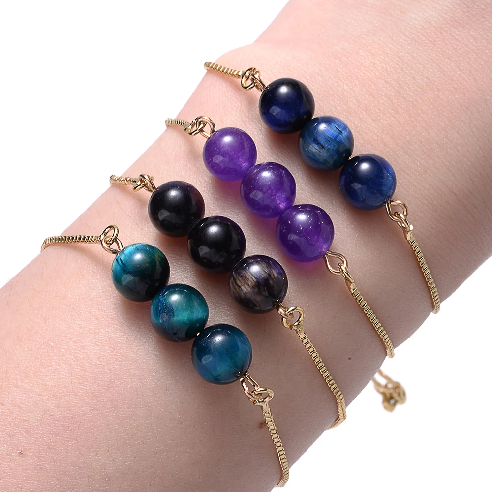 Браслет женский из натурального тигрового глаза с бусинами аметиста