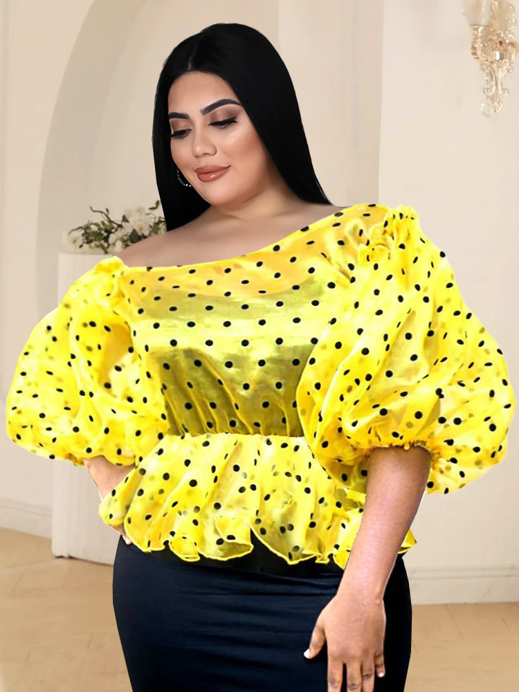 

Women Yellow Peplum Tops Blouse 3XL 4XL Off Shoulder Polka Dot Short Puff Sleeves High Elastick See Through Shirts