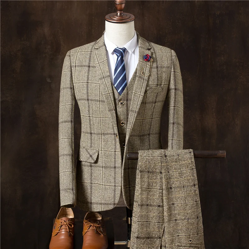 

Men Business Formal Slim Fit Wedding Prom Suits Male Boutique Plaid Design Groom Dress Blazers Jacket Pants Vest 3 Pieces Set