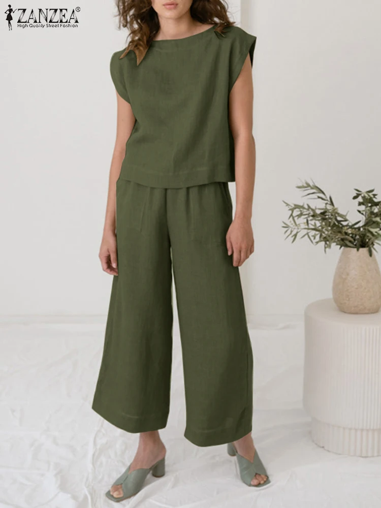 

Элегантный летний женский комплект ZANZEA 2022, повседневные блузки без рукавов и брюки с широкими штанинами, комплект большого размера из 2 пред...