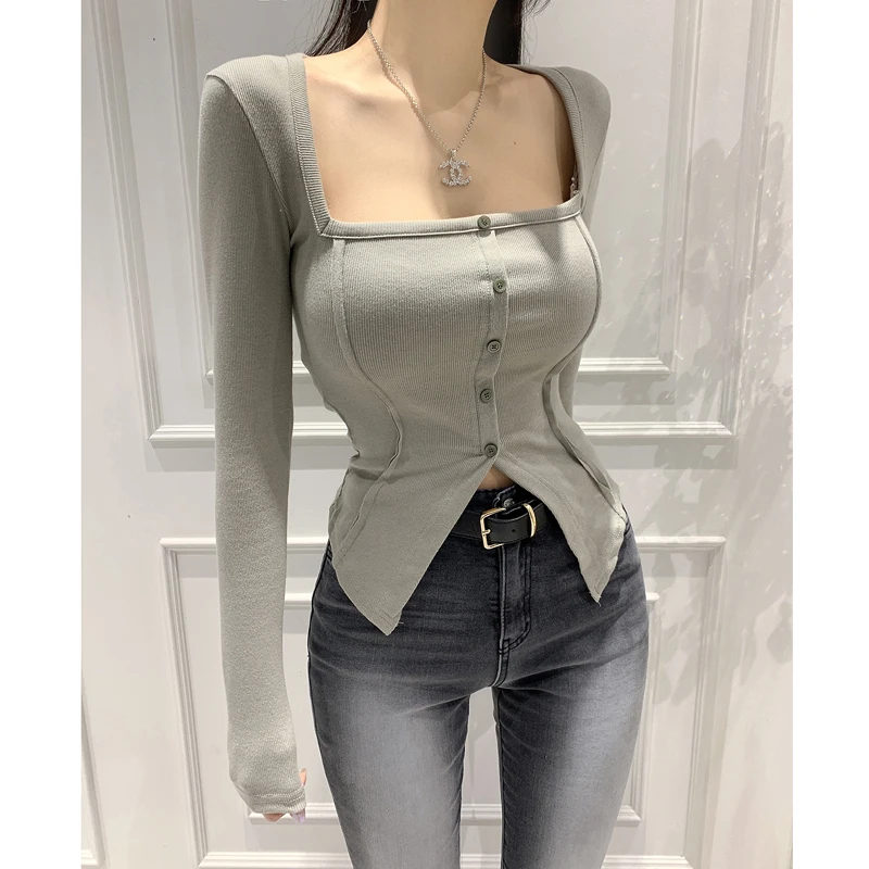 Фото Топ Slim Fit Long Sve Футболка Dongda Gate Autumn Sle Pure Color Квадратный воротник на одной пуговице Повседневная женская длина №2