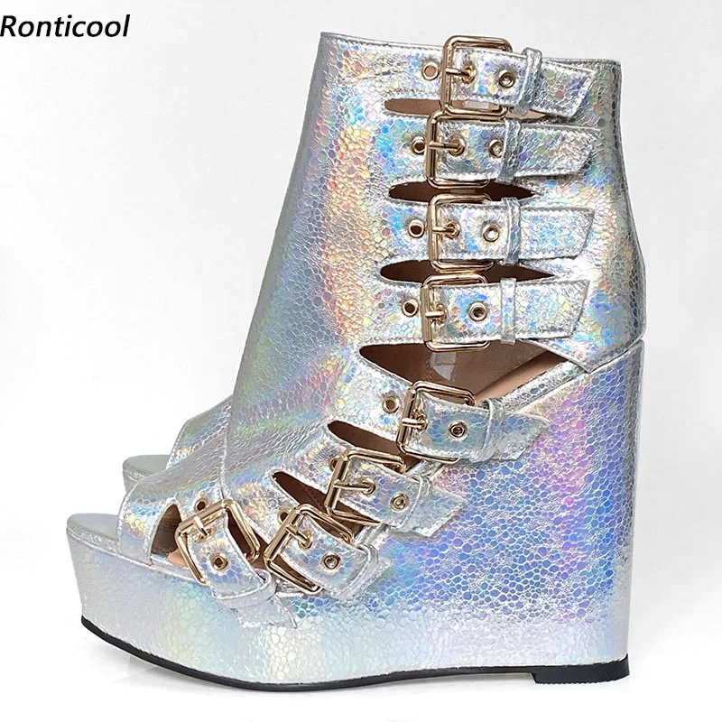 

Ronticool Handmade Women Sandals Buckle Strap Comfort Wedges Heels Open Toe Beautiful Silver Leopard Cosplay Shoes US Size 5-20