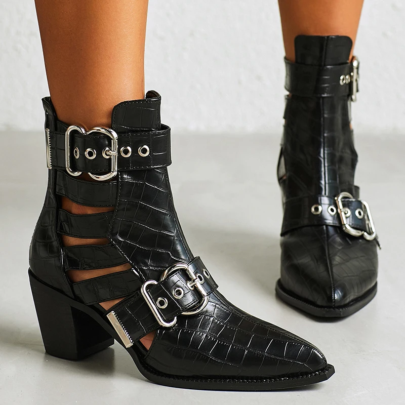 Thick Heel Stone Grain Pointed Woman Boots Hollow Buckle PU Leather Ankle Boots Sexy Spring Autumn Street Motorcycle Shoes Black