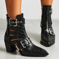 thick heel stone grain pointed woman boots hollow buckle pu leather ankle boots sexy spring autumn street motorcycle shoes black