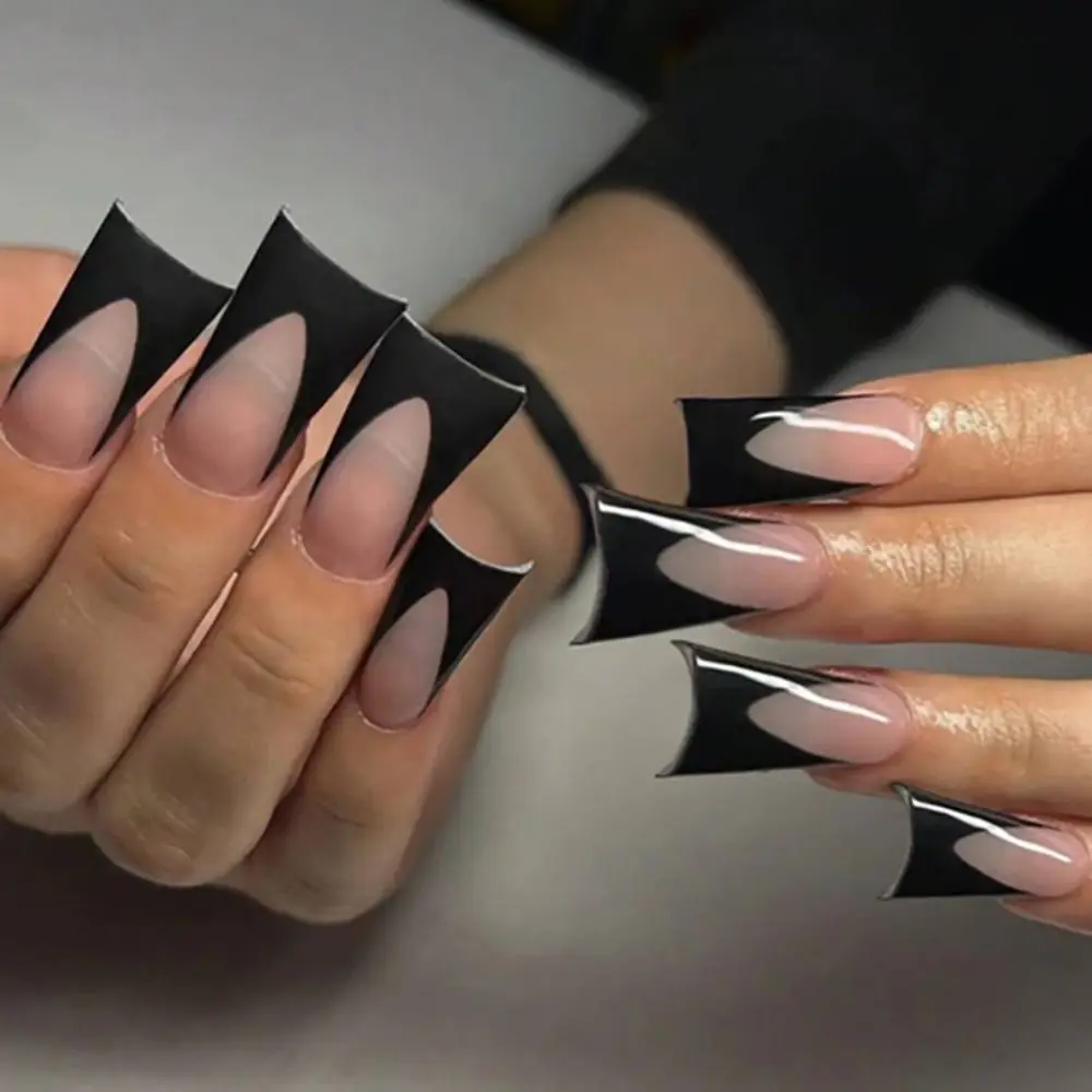 Длинные утиные ноги Fan Flare Tips Duck Nail Французские простые Черно-белые края Съемные