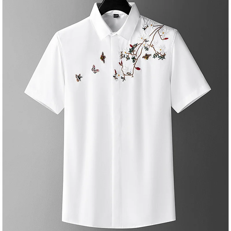 Floral Embroidery Shirts Men Business Casual Short Sleeve Shirt Slim Formal Dress Tops Social Party Male Clothes Chemise Homme