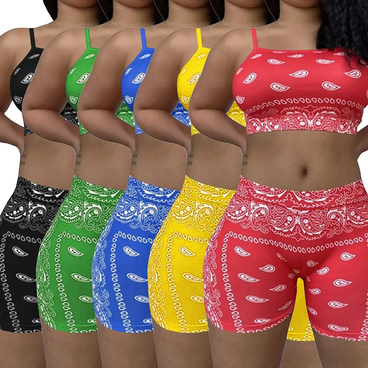 

Graphic Bandana 2 Piece Tracksuit Set Active Wear Women Printed Sport Running Crop Tank Tops + Biker Shorts Gym Matching Sets