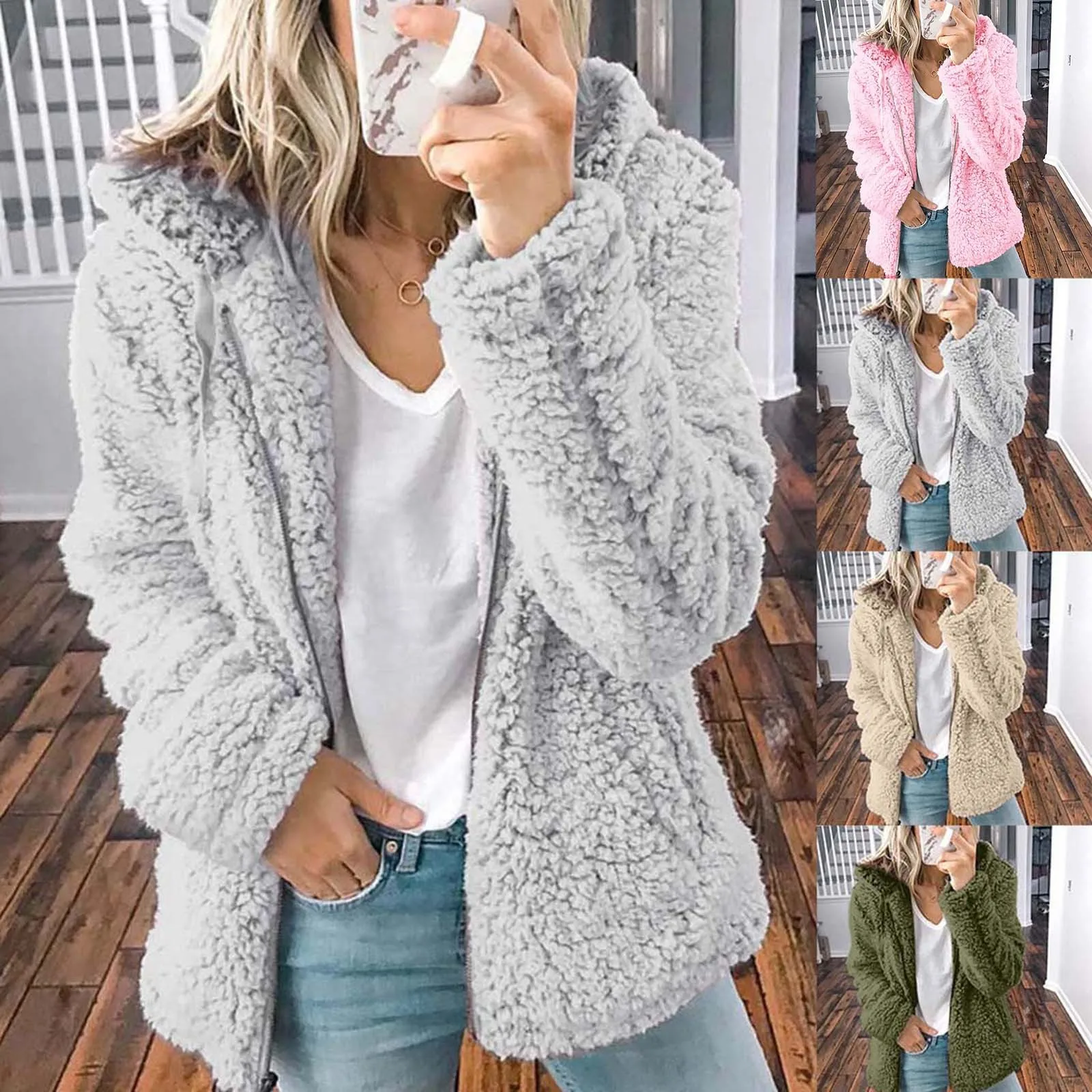 Новое шерстяное пальто на молнии с капюшоном Женские однотонные флисовые куртки