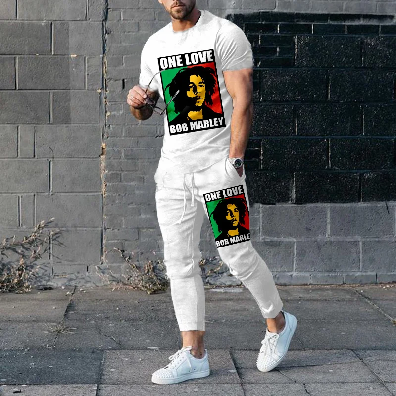 

New Arrival BoB Marley Men's Trousers Tracksuit 2 Piece Set Printed Summer Sort Sleeve T Sirt+Lon Pants Street Unisex Clotes