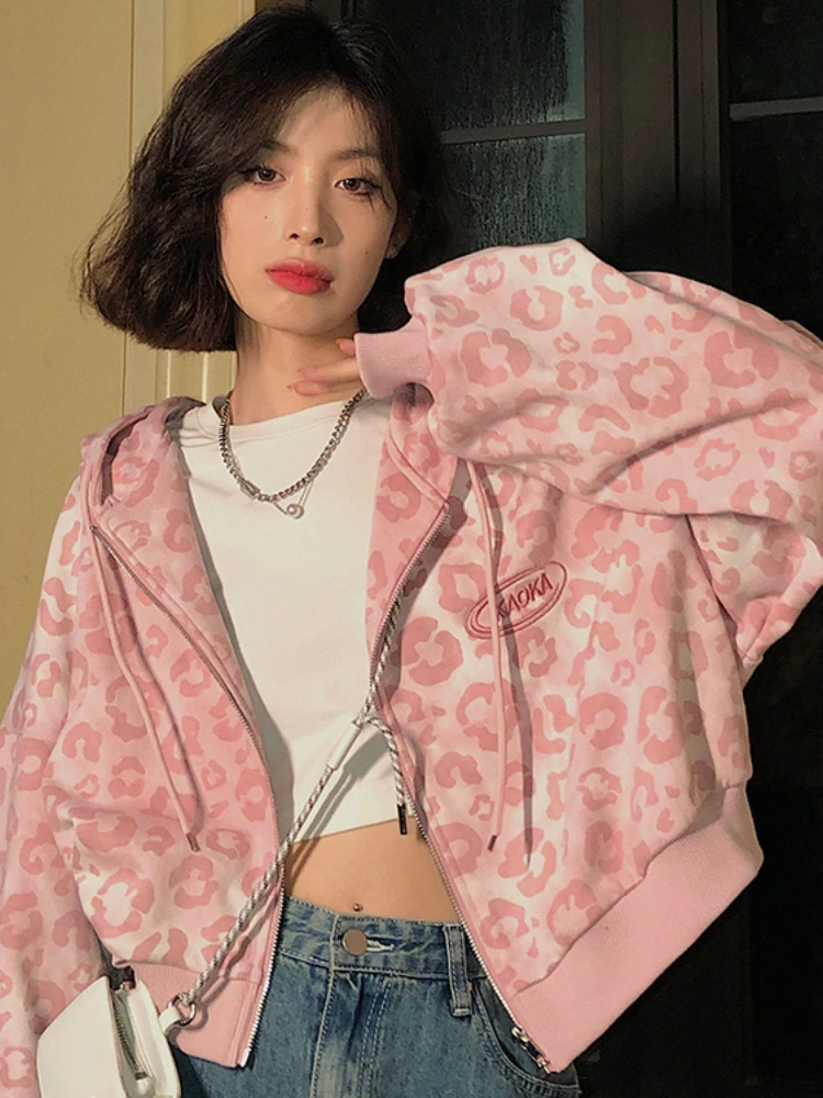

Preppy Style Kawaii Pink Sweatshirts Leopard Print Y2K Harajuku Oversized Hoodies Women Vintage Zipper Cropped Top Cute Jacket