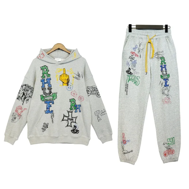 Oversize Rhude Hoodie Hip Hop Vintage Graffiti Print High Street Pullover and Pants Clothes