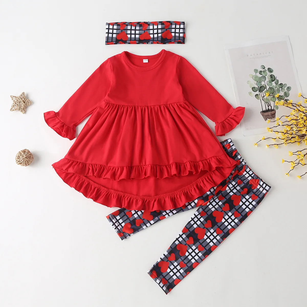 

Fall Newborn Baby Girls Clothing Set Solid Color Ruched Long Sleeve Skirt +Heart Print Pants Suit Fashion Infant Outfits