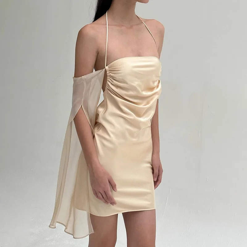 Temperament Mesh Backless Party Dress Sexy Fashion Pure Desire To Shrink Pleated Hip Wrap Dress