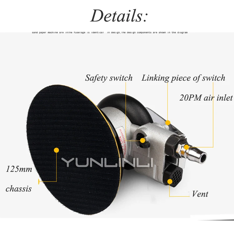 Пневматическая полировальная машина шлифовальная 5 дюймов/125 мм для наждачной